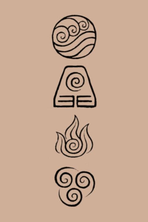 Four Nations Avatar Symbols Tattoo, Atla Symbols Tattoo, Atla Elements Tattoo, Elements Tattoo Avatar, Atla Elements Symbols, Atla Tatoos, Atlab Tattoos, Atla Symbols, Avatar The Last Airbender Tattoo Small