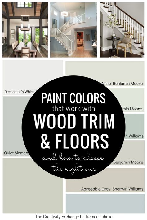 Paint Colors That Go With Wood Floors And Wood Trim From Remodelaholic Paint Colors For Wood Trim, Foyer Paint Colors, Painting Wood Trim, Stained Wood Trim, Natural Wood Trim, Dark Wood Trim, Family Room Paint Colors, Picking Paint Colors, Cherry Wood Floors