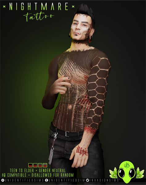 Nightmare Tattoo, Mallgoth Aesthetic, Cyberpunk Tattoo, Sims 4 Male Clothes, All Black Tattoos, Sims 4 Tattoos, Summer Goth, Body Tattoo, Full Body Tattoo