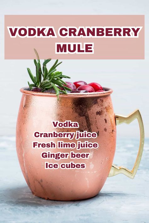 A frosty copper mug filled with Vodka Cranberry Mule, garnished with fresh cranberries and a mint sprig. Cranberry Ginger Beer Cocktail, Winter Vodka Cocktails, Cranberry Mule, Vodka Mule, Grapefruit Martini, Vodka Cranberry, Ginger Beer Cocktail, Cranberry Drinks, Mule Cocktail