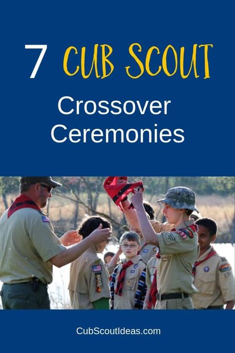 Check out these 7 Cub Scout crossover ceremonies for Webelos and Arrows of Light. Whether the Cub Scouts are crossing an actual bridge or a symbolic bridge, you'll find just the right ceremony script. If your pack has its crossover ceremony during your Blue & Gold banquet, these scripts will make it super special for the Scouts.  #CubScouts #Webelos #ArrowOfLight #BlueGoldBanquet #Crossover #CrossoverCeremonies Cub Scout Bridging Ceremony Ideas, Aol Crossover Ceremony, Blue And Gold Cub Scouts, Cub Scout Crossover Ceremony Ideas, Blue And Gold Ceremony Ideas Cub Scouts, Cub Scout Crossover, Cub Scout Law, Cub Scout Skits, Cub Scout Patches