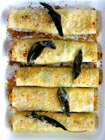 Butternut Squash Stuffed Cannelloni with Ricotta and Kale with a Brown Butter Sauce Stuffed Cannelloni, Sage Brown Butter Sauce, Butternut Squash Stuffed, Sage Brown Butter, Brown Butter Sauce, Squash Recipes, Butter Sauce, Brown Butter, Vegetarian Dishes