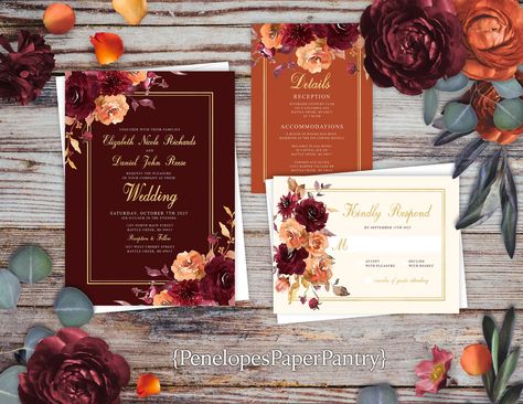 Wedding Invites Fall Theme, Burgundy Burnt Orange Wedding, Fall Themed Wedding Invitations, Wedding Invitation Cards Burgundy, Wedding Invitations Fall Burgundy, Rusty Orange Wedding Invitations, Burgundy Fall Wedding, Fall Wedding Invitation Suite, Floral Fall Wedding