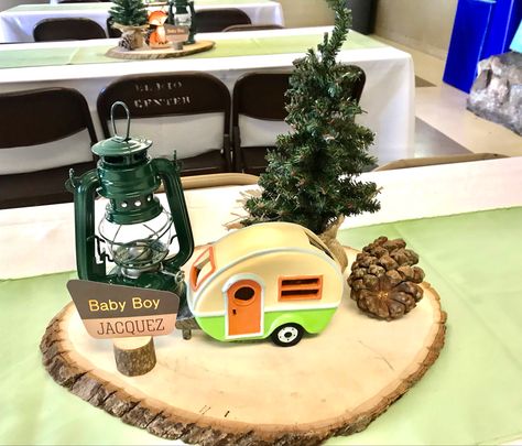 Camping Themed Table Decor, One Happy Camper Birthday Centerpieces, Rv Party Ideas, Camping Party Centerpiece Ideas, Camping Lantern Centerpieces, One Happy Camper First Birthday Centerpiece, Happy Camper Centerpieces, One Happy Camper Table Centerpieces, A Little Camper Is On The Way