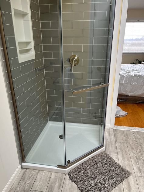 Shower Insert Makeover, Shower Surround Ideas, Shower Remodel On A Budget, Shower Surround Panels, Cheap Shower Remodel, Custom Closet Storage, Waterproof Wall Panels, Tub To Shower Conversion, Shower Conversion