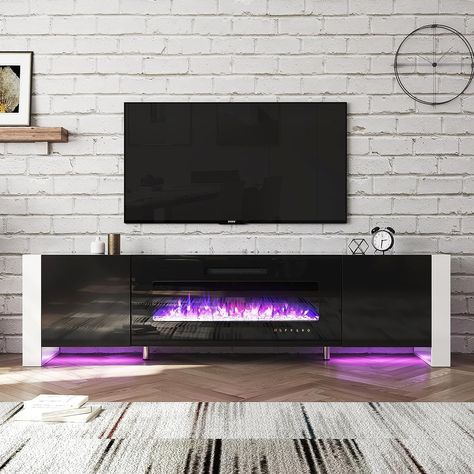 LUXOAK U-Shaped Legs 80" Fireplace TV Stand, Mirrored Finish Media Console with 40" Electric Fireplace, Modern LED Lights Storage Entertainment Center for TVs Up to 90", Black Wall Mount Tv Stand, Storage Entertainment Center, Tv Stand With Led Lights, Tv Stand Wayfair, Built In Electric Fireplace, Large Storage Cabinets, Floating Tv Stand, Electric Fireplace Tv Stand, Interior Shelves