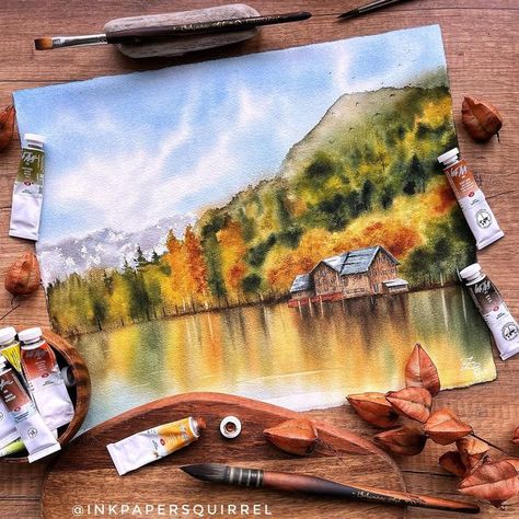 Elina Zhelyazkova on Instagram: "The most beautiful season of all 💛 🎨 @nevskayapalitra_world 🖌️ @schimoniart.brushes 📒 @st_cuthberts_mill 📷 Photo reference by Vincentiu Solomon on Unsplash" November Painting, Landscape Art Painting, Fall Watercolor, Watercolor Art Lessons, Beautiful Autumn, Autumn Painting, Easy Watercolor, Watercolor Artist, Photo Reference