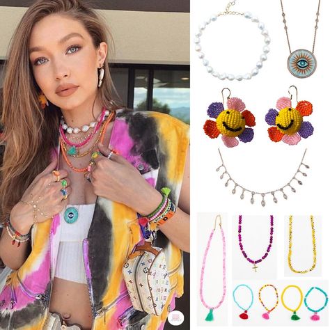 Gigi Hadid's Coachella 2019 jewelry Looking bold and bright in her tie-dye outfit Gigi rocked a series of colorful beaded tassel and charm necklaces and bracelets from Zoe Aiche – daughter to jewelry designer Jacquie Aiche. Jacquie’s opal inlay eye pendant and maquis diamond shaker necklace were paired with a bold strand of pearls from Child of Wild Jewelry. But our favorite piece of jewelry Gigi wore had to be those beaded Susan Alexandra Smiley Cyrus earrings. Celebrity Bracelets, Coachella Jewelry, Coachella 2019, Bright Jewelry, Mood Jewelry, Chunky Gold Chain, Celebrity Jewelry, Beaded Jewlery, Tie Dye Outfits