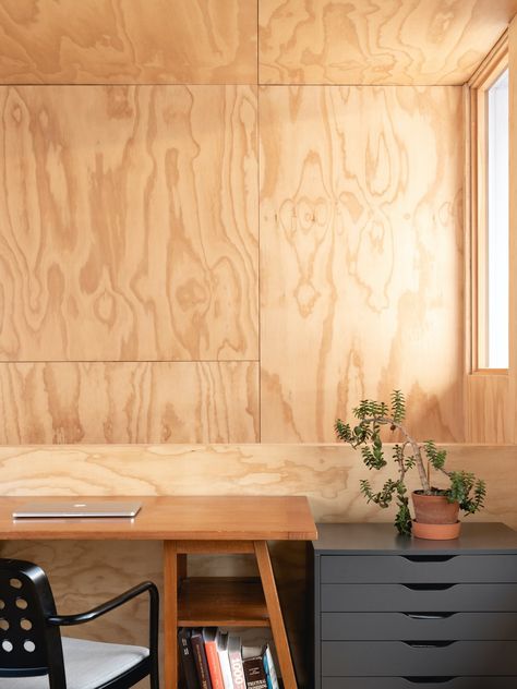 Photo 7 of 16 in A Plywood Box Turns a 20th-Century Duplex Into a Multigenerational Home - Dwell Plywood Wall Paneling, Plywood Ceiling, Types Of Plywood, Plywood Desk, Shed Office, Plywood Interior, Plywood Floor, Shed Interior, Plywood Walls