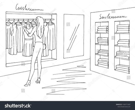 Shopping Online Logo, Shop Small Quotes, Shop House Ideas, Fitting Room, Shop Window Design, Shop Front Design, Sketch Illustration, Shop Clothes, Shop Window Displays