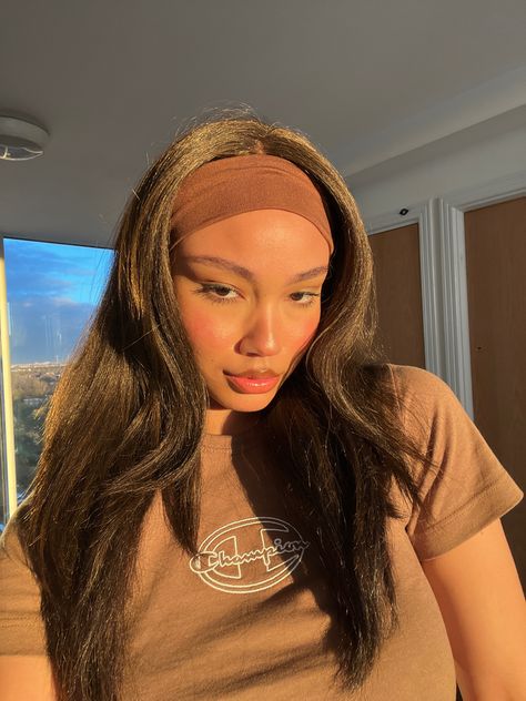 Brown hair band, Brown top, brown hair, brown eyes, brown straight hair, neutral, sun, glow, sunset, golden hour