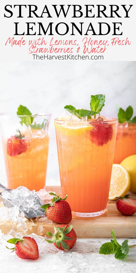 Homemade Strawberry Lemonade Recipe, Fresh Strawberry Lemonade, Homemade Strawberry Lemonade, Honey Lemonade, Flavored Ice Cubes, Strawberry Popsicles, Strawberry Lemonade Recipe, Strawberry Water, Harvest Kitchen