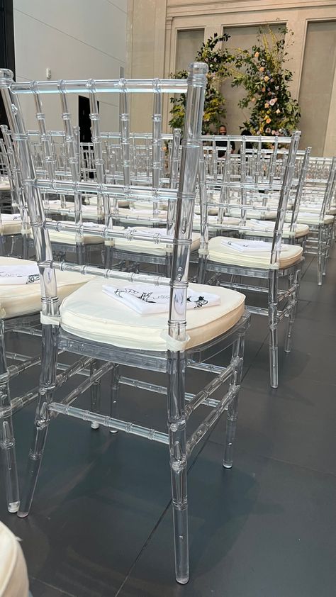 Wedding Ceremony Design, Silver Chiavari Chairs, Event Chairs, Wedding Ceremony Chairs, Indoor Wedding Ceremony, Silver Cake Stand, Commercial Space Design, Clear Chairs, Silver Side Table