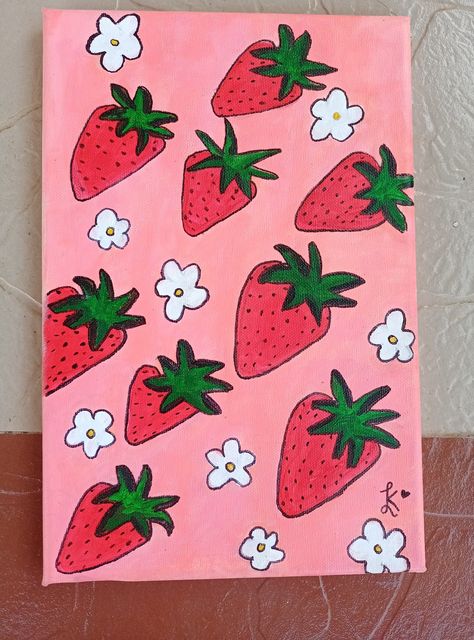 Strawberry Painting Easy Cute, Summer Acrylic Painting Ideas Canvases, Fruit Easy Painting, Strawberry Painting Acrylic Easy, Strawberry Shortcake Painting Canvas, Aesthetic Summer Paintings, Strawberry Painting Ideas, Strawberry Painting Aesthetic, Summer Paintings On Canvas Aesthetic