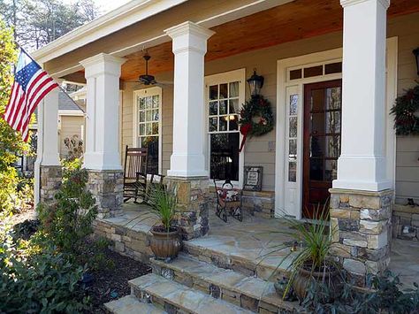 Porch Country Front Porches, Front Porch Stone, Porch Pillars, Front Porch Columns, Stone Porches, Front Porch Steps, Porch Remodel, Stone Steps, Building A Porch