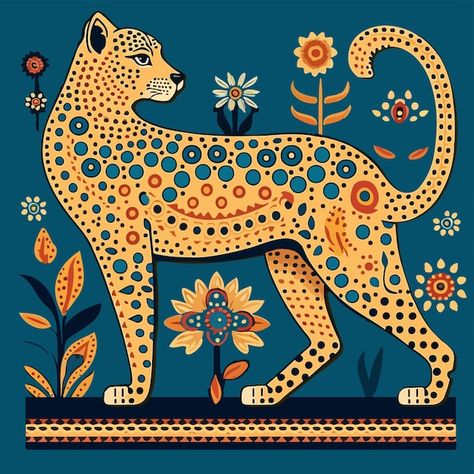 Vector david689_a_cheetah_in_traditional... | Premium Vector #Freepik #vector #illustrations #flat-illustration #boho-pattern #boho Jaguar Vector, Cheetah Illustration, Folk Art Animals, Cheetah Drawing, Animal Tarot, Cheetah Pattern, Scandinavian Folk Art, Leopard Animal, Folk Art Painting