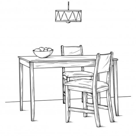 Table And Chair Drawing Sketch, Dining Table Drawing Sketch, Kitchen Table Illustration, Table And Chair Drawing, From The Dining Table Tattoo, Chair Drawing Simple, Chair Poses Drawing, Dining Table Sketch, Table Drawing Sketch