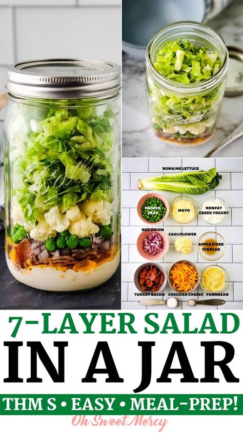 Mason jar salads make it easy to keep fresh, healthy salads on hand. 7 Layer Salad In A Jar means grab and go 7 layer salad goodness ready when you are! Low carb, sugar free, and packed with veggies, it’s a busy THMs best friend this summer. If you checked out my Low Carb 7 Layer Salad and thought “woah, that’s way too much salad to make at one time” then I’ve got the perfect solution for you! | @OhSweetMercy #trimhealthymamasalad #trimhealthymamadiet #trimhealthymamabeginner #easythmrecipes 7 Layer Salad, Mason Jar Salads, Layer Salad, Salad Jar Recipe, Jar Salads, Jar Salad, Mason Jar Salad Recipes, Trim Healthy Mama Recipes, Layered Salad