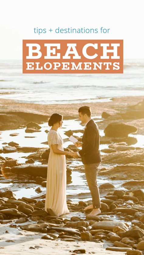 Tips + destination ideas for your beach elopement wedding Diy Beach Elopement, Beach Wedding Elopement Ideas, Elopement Ideas Beach, Elope Destination, Beach Elopement Ceremony, Beach Elopement Ideas, Casual Beach Wedding, Outdoor Elopement, Tiny Wedding