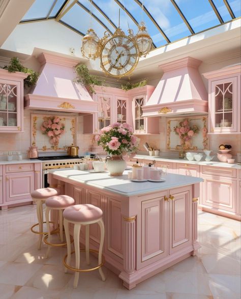 Light Pink Kitchen, Barbie Cottage, Light Pink Interior, Girly House, Pink Kitchen Designs, Retro Pink Kitchens, Pink Kitchens, Cottage Pink, Pink Cabinets