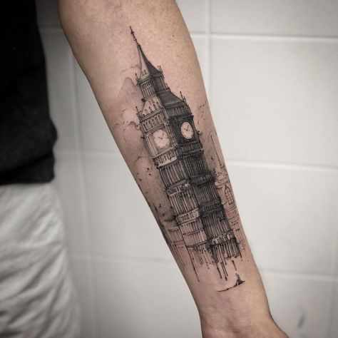 Big Tattoo Ideas, Big Ben Tattoo, England Tattoo, British Tattoo, Harry Tattoos, Map Tattoos, Half Sleeve Tattoos For Guys, London Tattoo, Architecture Tattoo