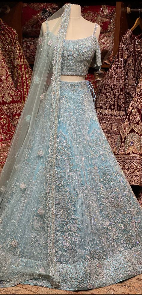 Embroidery Work On Kurti, Light Blue Lehenga, Work On Kurti, Indian Reception Outfit, Eastern Dresses, Walima Dress, Desi Dress, Bridal Lehenga Designs, Simple Lehenga