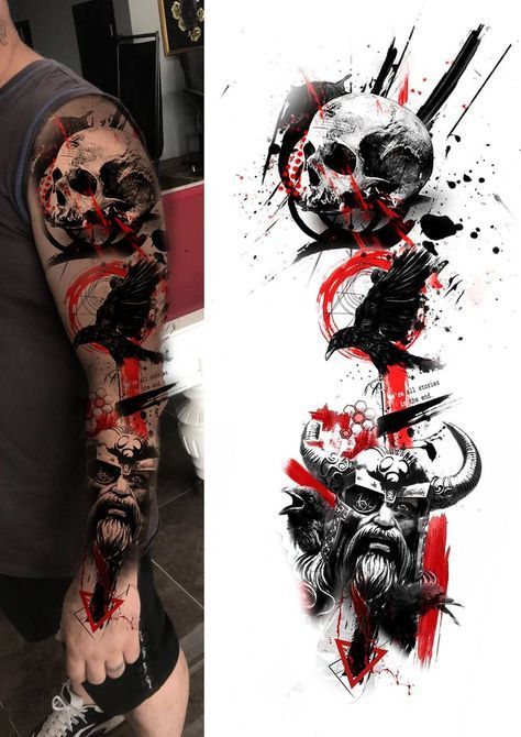 Skull Tattoos Leg Sleeve, Viking Trash Polka Tattoo, Trash Polka Arm Tattoo, Trash Polka Sleeve Tattoo, Trash Polka Back Tattoo, Polka Trash Tattoo Men, Trash Polka Tattoo Designs Sleeve, Trash Polka Tattoo Designs Ideas Art, Trash Polka Tattoo Designs For Men