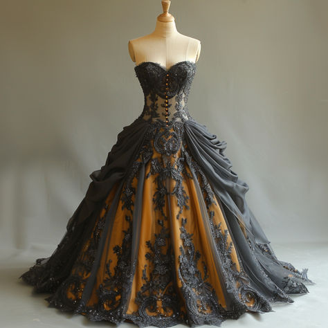 Black And Orange Prom Dress, Light Orange Wedding Dress, Black And Mustard Wedding, Orange And Black Wedding Dress, Black And Orange Wedding Dress, Black Gold Wedding Dress, Masquerade Drawing, Black Corset Wedding Dress, Burnt Orange Wedding Dress