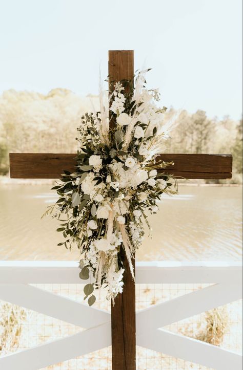 Wedding Cross Background, Wedding Guest Entrance Ideas, Cross Background Wedding, Wedding Cross Florals, Wedding Altar Cross, Wedding Cross With Flowers, Cross Arbor Wedding, Cross Wedding Arch, Boho Wedding Alter