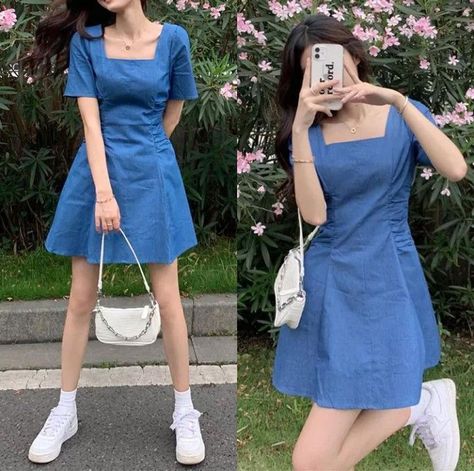 Blue Dress Outfit Casual, Stylish Short Dresses, Korean Fashion Dress, Dressy Fashion, Easy Trendy Outfits, Stylish Dresses For Girls, Ulzzang Fashion, Short Dresses Casual, Casual Style Outfits