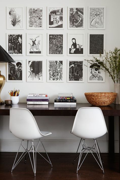 A black and white graphic gallery wall By 2to5 Design Wall Above Desk, Office Gallery Wall, Chicago House, Eclectic Gallery Wall, Gallery Wall Inspiration, Diy Simple, Wall Gallery, Inspiration Wall, Historic Home