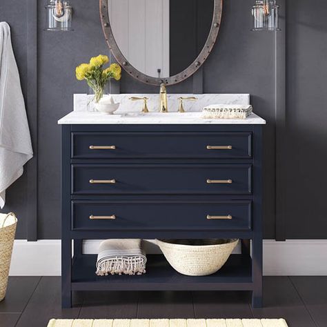 18 Beautiful and Unique Bathroom Vanities In Every Design Style | Candie Anderson Bathroom Vanity Lights Over Mirror Ideas Master Bath, Small Bathroom Vanities Modern, Powder Room With Blue Vanity, Two Single Vanities In Bathroom, Bold Bathroom Vanity, Powder Room Vanity Ideas, Navy Vanity, Teen Bathroom, Furniture Aesthetic