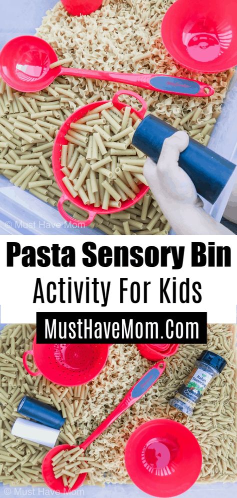 This pasta sensory bin activity is perfect for little ones who love to pretend play cooking! Use this in a sensory table for preschoolers or create your own sensory bins at home. Pasta Sensory Bin, Preschool Cooking, Toddler Sensory Bins, Cooking Theme, Sensory Tubs, Restaurant Themes, Food Activities, Toddler Sensory, Sensory Boxes