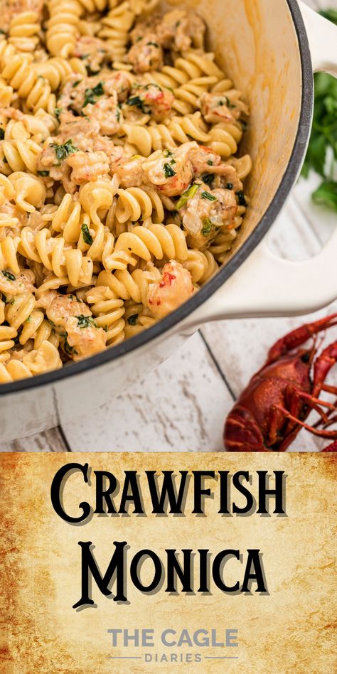 This Crawfish Monica Recipe is always a favorite at the New Orleans Jazz Fest. It's so popular you'll see everyone eating it on the streets! Crawfish Monica is a simple dish of noodles with a crawfish cream sauce, but as with any Cajun and Creole recipe, it's far from being bland. Crayfish Pasta Recipe, Dinner Ideas With Crawfish Tails, Easy Crawfish Fettucine Recipe, Monica Sauce Recipe, Crawfish Dishes Louisiana, Crawfish Spaghetti Recipes, Crawfish Etoufee Pasta, Crawfish Bread Recipe New Orleans, Crawfish Etoufee Cream Of Mushroom