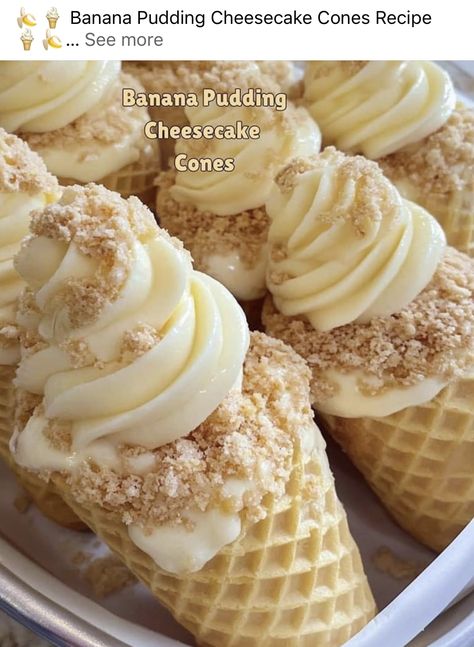 Banana Pudding Cheesecake Cones, Cheesecake Cones Recipe, Cheesecake Cones, Creamy Dessert Recipes, Xmas Goodies, Cone Dessert, Sweets Ideas, Pudding Cheesecake, Banana Pudding Cheesecake