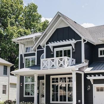 Navy Blue Home with White Trim - Transitional - Home Exterior Exterior With Red Brick, Navy Blue House Exterior, Blue House White Trim, Navy Blue House, Blue Home Exterior, Transitional Home Exterior, Blue House Exterior, Navy Blue Houses, Blue Siding