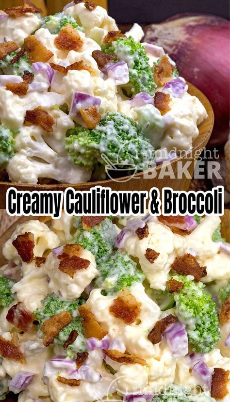 Looking for easy cookout side dishes? You will love the crunchy and creamy flavors of this easy salad recipe. It's the perfect salad to BBQs, picnics, and all your summer outdoor parties. Creamy Salads, Broccoli And Cauliflower Salad, Broccoli Cauliflower Salad Recipes, Cauliflower Salad Recipe, Broccoli Cauliflower Salad, Broccoli And Cauliflower, Broccoli Salad Recipe, Fresh Salad Recipes, Thanksgiving Dinner Menu