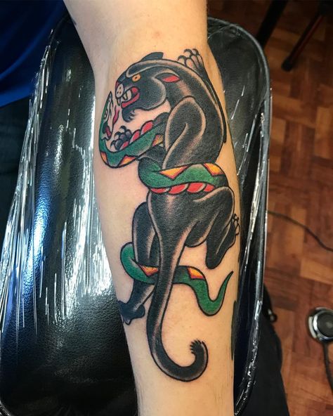 Ashley Dawn on Instagram: “Super fun traditional panther and snake. Thanks Jeremy! #panthertattoo #snaketattoo #pantherandsnake #pantherandsnaketattoo…” Traditional Tattoo Panther, Traditional Panther, Panther Tattoo, Snake Tattoo, Traditional Tattoo, Panther, Old School, Tattoo Ideas, Tattoo Designs