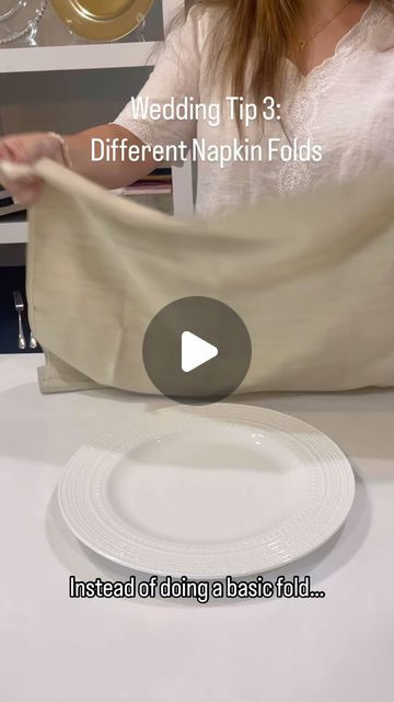 Waterford Event Rentals on Instagram: "Wedding tip #3 3️⃣  Instead of doing a classic tri fold on top, maybe try one of these options! It’s so fun to play around with different napkin folds!  Looking into a knot fold or menu fold can really spice up your table design!   Which fold is your favorite? Let us know!  #Waterford #WaterfordEventRentals #Wedding #WeddingInspo #WeddingIdeas #WeddingDesign #weddinginspiration #WeddingPhotography #Engaged #Engagement #Love #WeddingHack #WeddingTip #WeddingTips" Menu Fold Napkin, Hexagon Napkin Fold, Wedding Menu Napkin Fold, Wedding Napkin Knot, Ways To Fold Wedding Napkins, Unique Table Setting Ideas, Easy Wedding Napkin Folds, Fun Napkin Folding Ideas, Knotted Napkin Fold