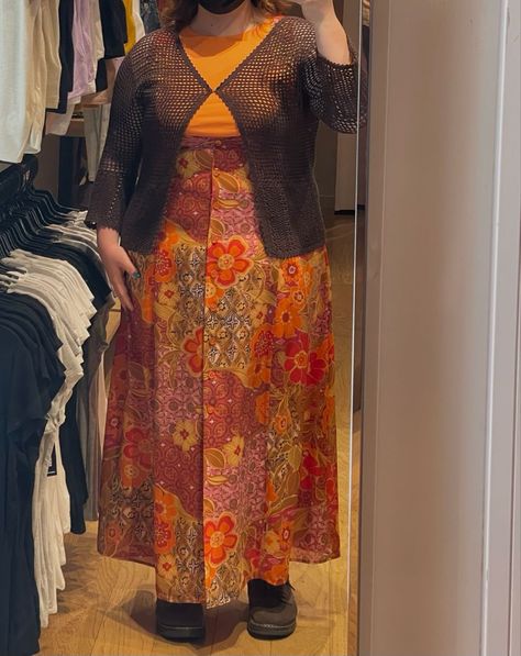 70s inspired outfit Earthy 70s Aesthetic, Spiritual Outfits Plus Size, Stevie Nicks Outfits Inspiration Plus Size, Plus Size 70s Fashion Retro Vintage, 70s Style Plus Size, Mid Size 70s Fashion, Crochet Dress Plus Size, 70s Outfit Plus Size, Mid Size Hippie Fashion