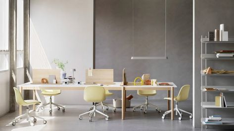 Dezeen Showroom: Thomas Bentzen's Linear System Series for Muuto includes lamps and tables and was designed to adapt to many different workplaces. Modular Table, Island Light Fixtures, Chair Swivel, Island Pendant Lights, White Laminate, Table Frame, Alvar Aalto, Fritz Hansen, Danish Design