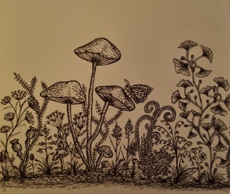 Mushrooms And Wildflowers, Wildflowers Sketch, Wildflower Sketches, Mushroom Sleeve, Bujo Drawings, Mushrooms Tattoo, Shroom Art, Moose Painting, Vine Drawing