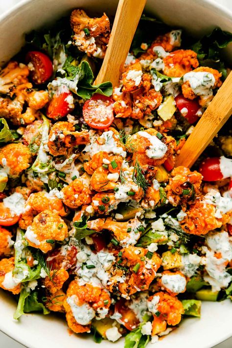 Buffalo Cauliflower Salad, Yogurt Ranch, Yogurt Ranch Dressing, Salad With Cucumber, Grilled Cauliflower, Bbq Salads, Homemade Buffalo Sauce, Protein Yogurt, Grilled Halloumi