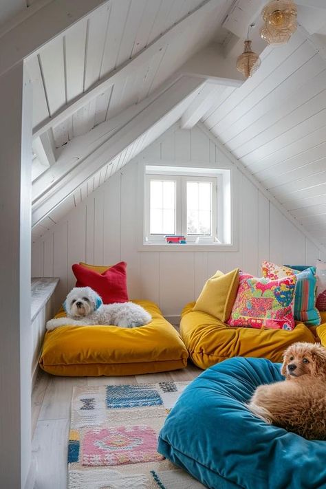 Attic Kids' Room: Playful and Practical Attic Hangout Room Ideas, Attic Playroom Ideas Sloped Ceiling, Attic Ideas Hangout, Attic Kids Room, Cool Attic Rooms, Attic Playroom Ideas, Hangout Room Ideas, Attic Inspiration, Attic Nook