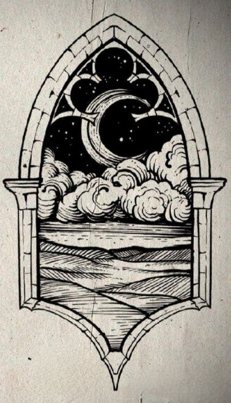 Greek Window Tattoo, Gothic Door Tattoo, Magic Orb Drawing, Stained Glass Drawing Ideas, Grotto Drawing, Arch Window Tattoo, Gothic Arch Tattoo, Stained Glass Tattoo Black And White, Doorway Tattoo Traditional