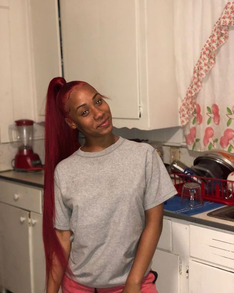 Red Slick Ponytail, Burgundy Half Up Half Down Wig, Burgundy Ponytail Weave, Burgundy Sleek Ponytail Weave, Red Swoop Ponytail, Burgundy Ponytail Black Women, Burgundy Side Part Wig Straight, Red Hair Ponytail, Red Weave Hairstyles