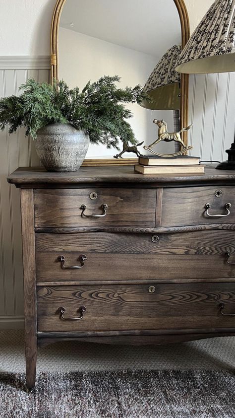 Rustic Dresser Decor, French Country Dresser Decor, Vintage Dresser Styling, French Provincial Moody Bedroom, Moody French Provincial, Moody French Provincial Bedroom, French Provincial Furniture Makeover, Modern French Provincial, French Provincial Bedroom