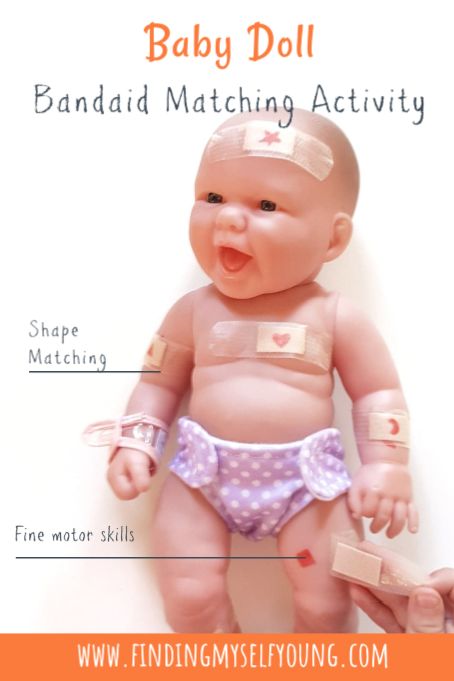 Build fine motor skills and work on shape recognition with this fun and engaging baby doll bandaid matching invitation to play. Kids can pretend to be a doctor and fix the baby while learning through play. It can also be done to learn letters, numbers and colours as well as shapes. A great way to get toddlers learning important developmental skills. Baby Doll Activities For Toddlers, Doctor Activities For Toddlers, Doll Activities, Baby Doll Play, Shape Matching Game, To Be A Doctor, Learn Letters, Be A Doctor, Theme Preschool