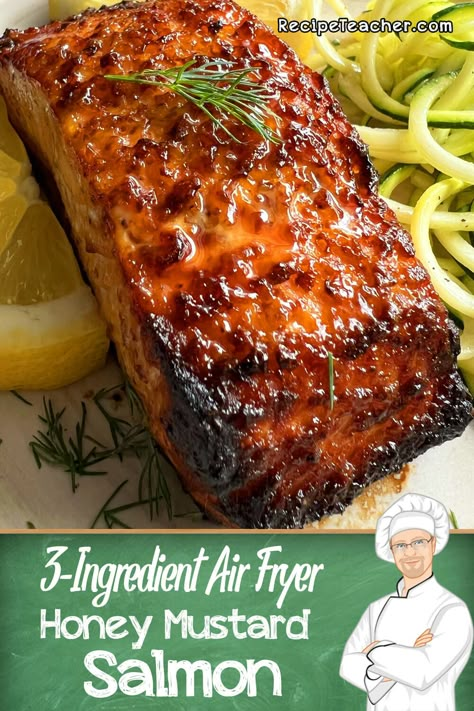 The perfect quick and easy air fryer recipe! Honey dijon glazed salmon filets that are ready in under 15 minutes. Salmon In Air Fryer, Air Fryer Recipes Salmon, Salmon Recipes Baked Healthy, Salmon Filets, Honey Mustard Salmon, Mustard Salmon, Air Fryer Fish, Fish Dinner Recipes, Honey Dijon