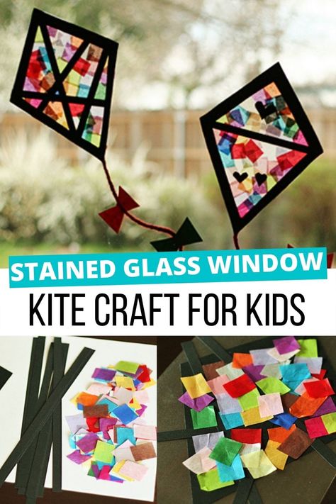 Make a stained glass window kite craft and watch the colors as the sun shines through. Sun Catchers Diy Tissue Paper, Math Project For Preschoolers, Stained Glass Art Preschool, Sun Catcher Preschool Craft, Spring Suncatchers For Kids, Stained Glass Kite, Window Crafts For Kids, Stained Glass Window Craft, Suncatchers For Kids